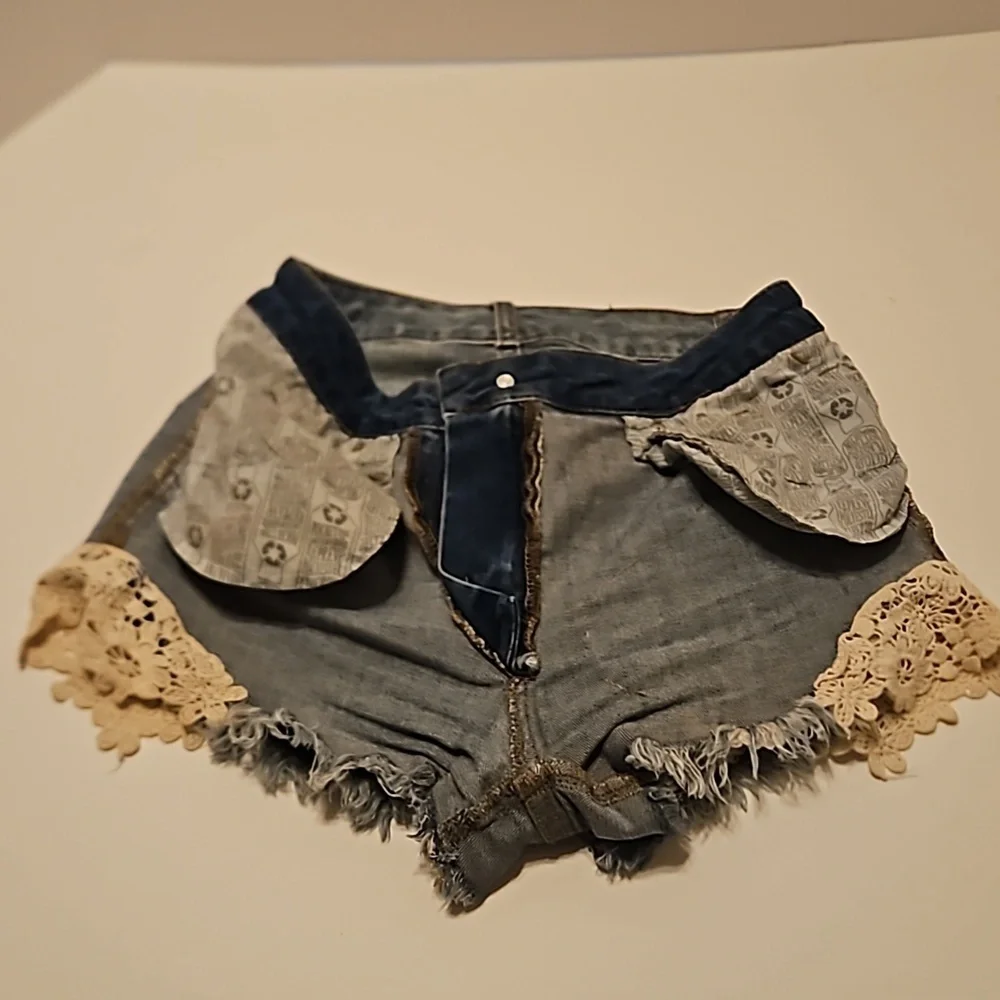 Hand Crafted Upcycled Denim Crochet Shorts Granny Square Handmade High rise 29 - Picture 15 of 17